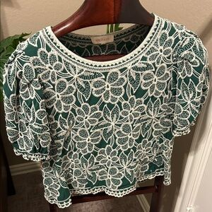 Solitaire Green and White Lace Floral Blouse Spring